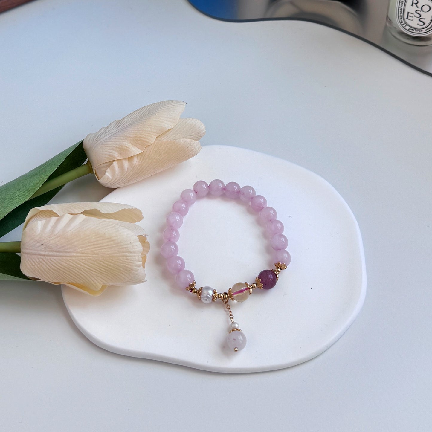 A cute bracelet with purple strawberry quartz, pearl, and citrine beads, perfect as a gift for girlfriend, gift for sister, gift for daughter, gift for wife, or gift for friend