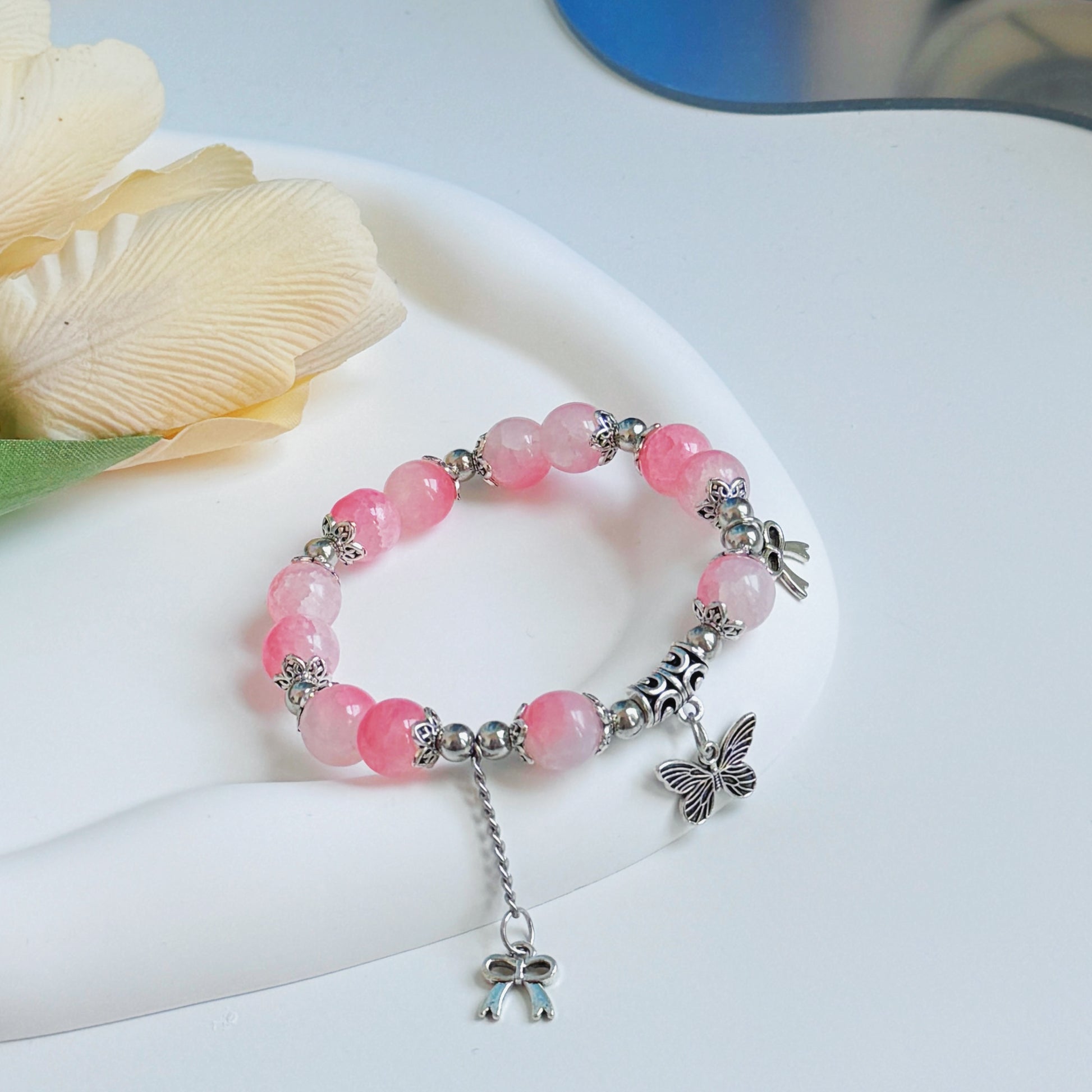 A pink bracelet with metal accents, a perfect gift for girlfriend, gift for female friend, gift for wife, or gift for daughter.