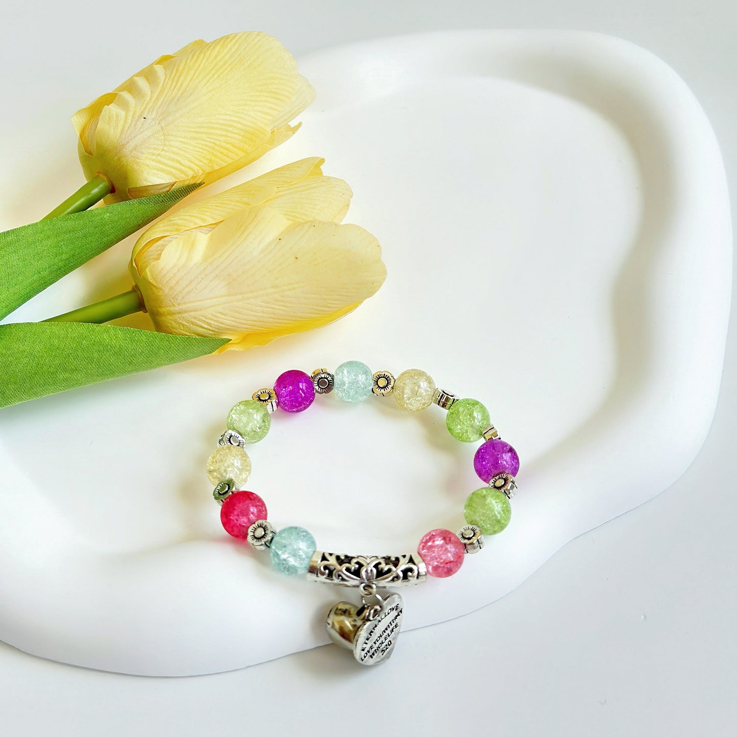 A cute and pretty, simple bracelet with beautiful colors, ready to be given as the perfect gift for a wife, gift for daughter, or gift for girlfriend.